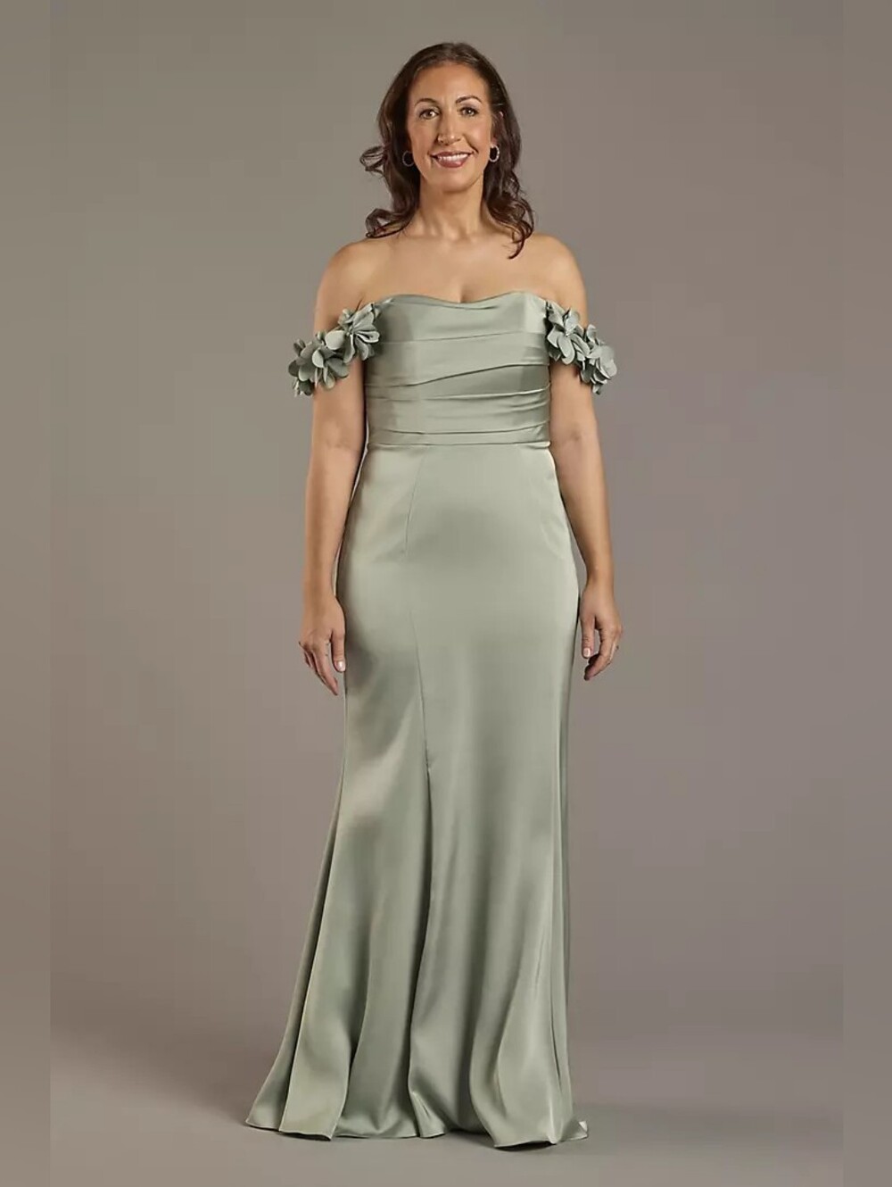 Oleg Cassini | Rosette Off-the-Shoulder Matte Satin Dress | Dusty Sage | 16